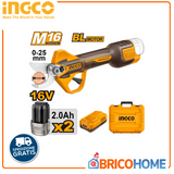 INGCO - Forbici da Potatura a Batteria CSSLI162582E | 16V Brushless | Taglio Ø25mm | 2 Batterie | Kit Completo