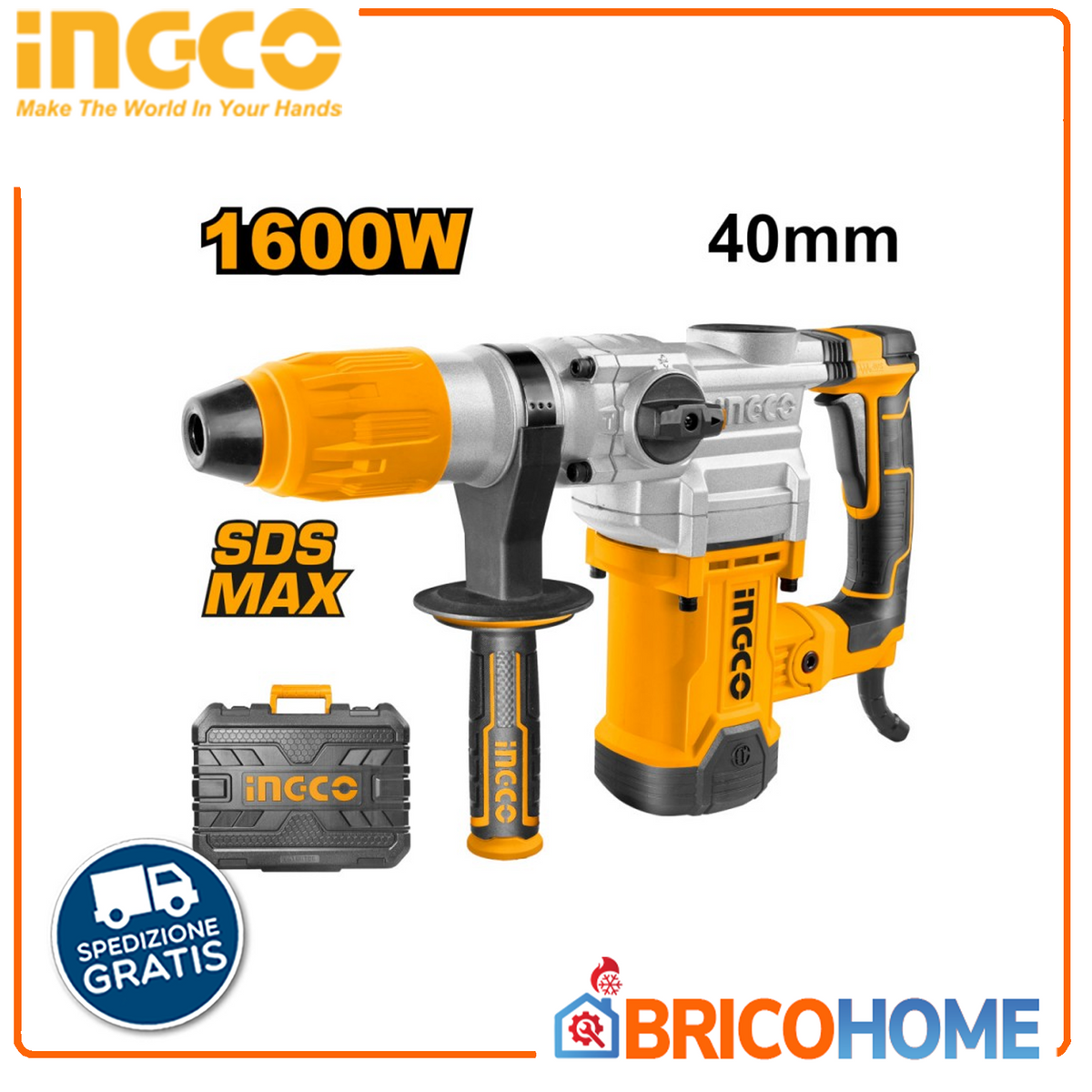 INGCO - Martello Demolitore Rotativo RH1600388 | 1600W | SDS-MAX | 10J | Antivibrazione | Kit Valigetta