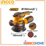INGCO - Levigatrice Rotorbitale 450W RS4516 | 150mm | Velocità Variabile | 6000-12000 rpm