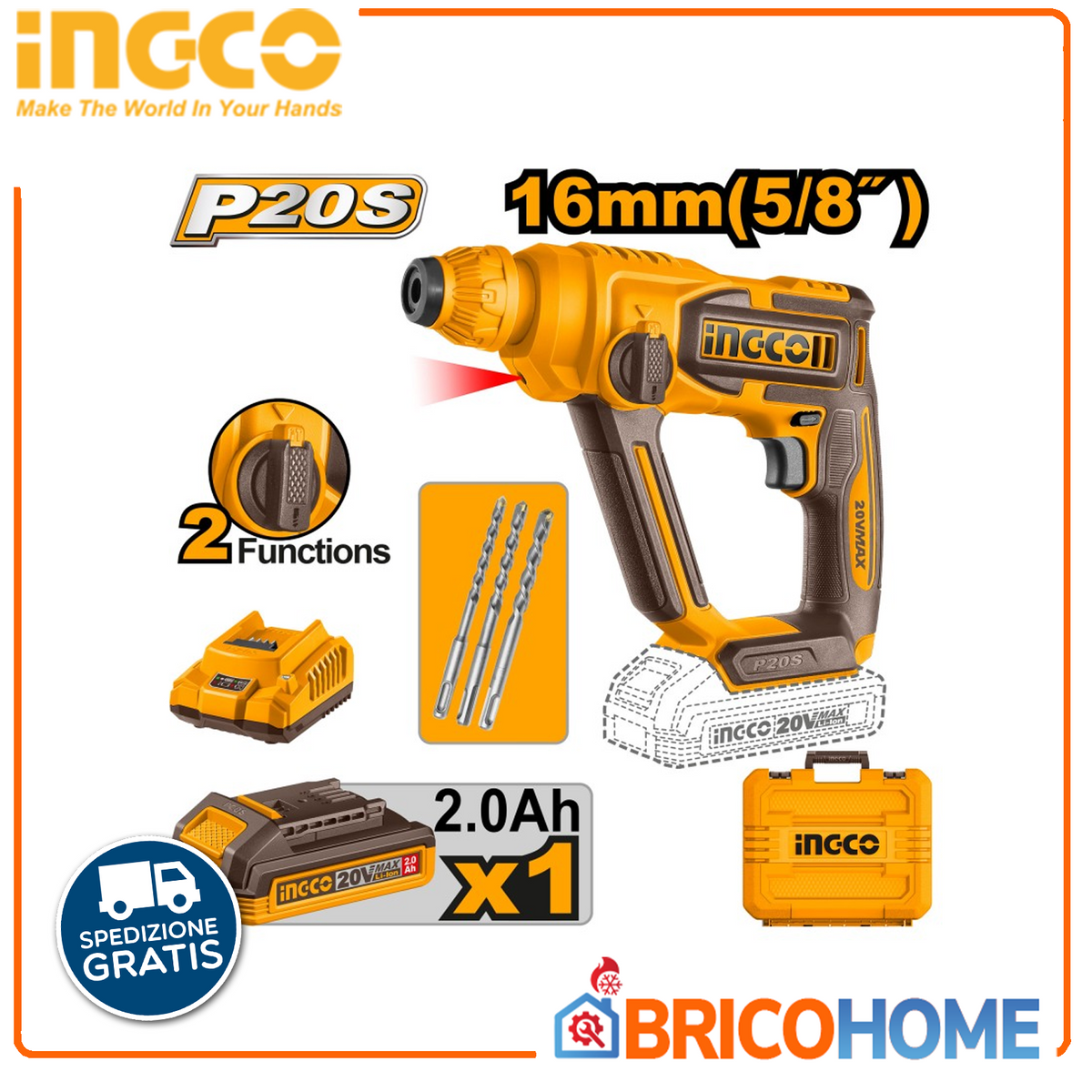 INGCO - Martello Tassellatore a Batteria CRHLI201681E | 20V SDS-Plus | 1,5J | Batteria 2Ah + Caricabatteria | Valigetta