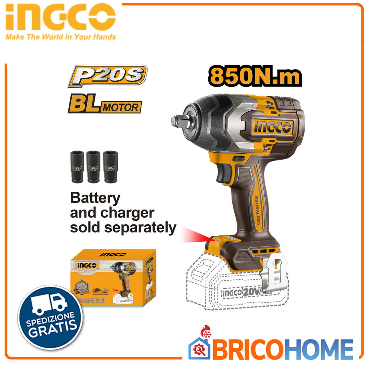 INGCO - Avvitatore ad Impulsi 20V CIWLI20851 | 1/2'' | 850Nm | Brushless | 3 Velocità | Solo Corpo (Nudo)
