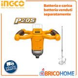 INGCO - Miscelatore per Malte a Batteria 20V MXLI2001 | Solo Corpo | 0-650 rpm | Frusta M14 | Piattaforma P20S