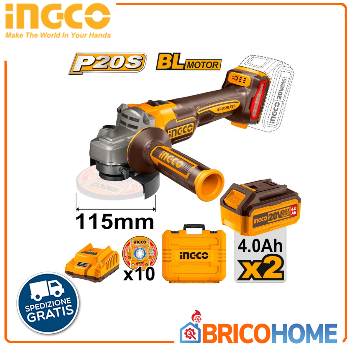 INGCO - Smerigliatrice Angolare Brushless 115mm 20V CAGLI211542 | 2 Batterie 4Ah | 10 Dischi | Valigetta