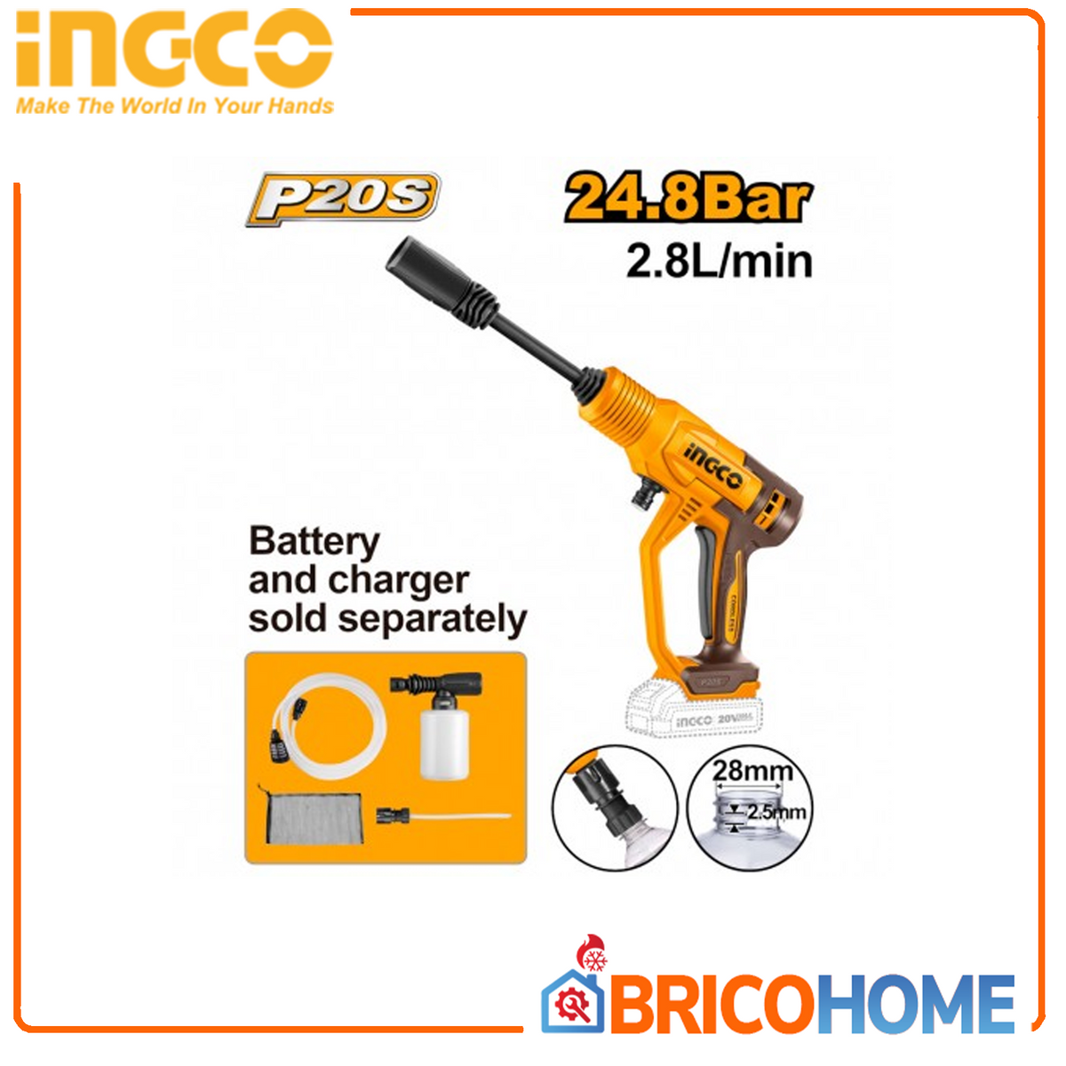 INGCO - Idropulitrice Cordless CPWLI2036 20V | 24,8 bar | 2,8L/min | Autoaspirazione | Kit Completo | Solo Corpo
