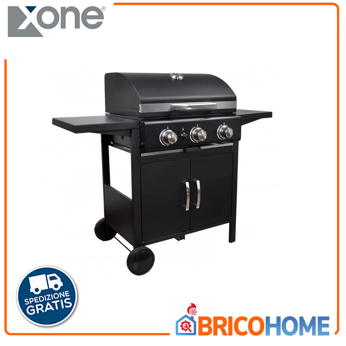 XONE - Barbecue a Gas Black X3 GAR01011 | 3 Fuochi 9kW | Griglia 55x44cm | Termometro | Cover Inclusa