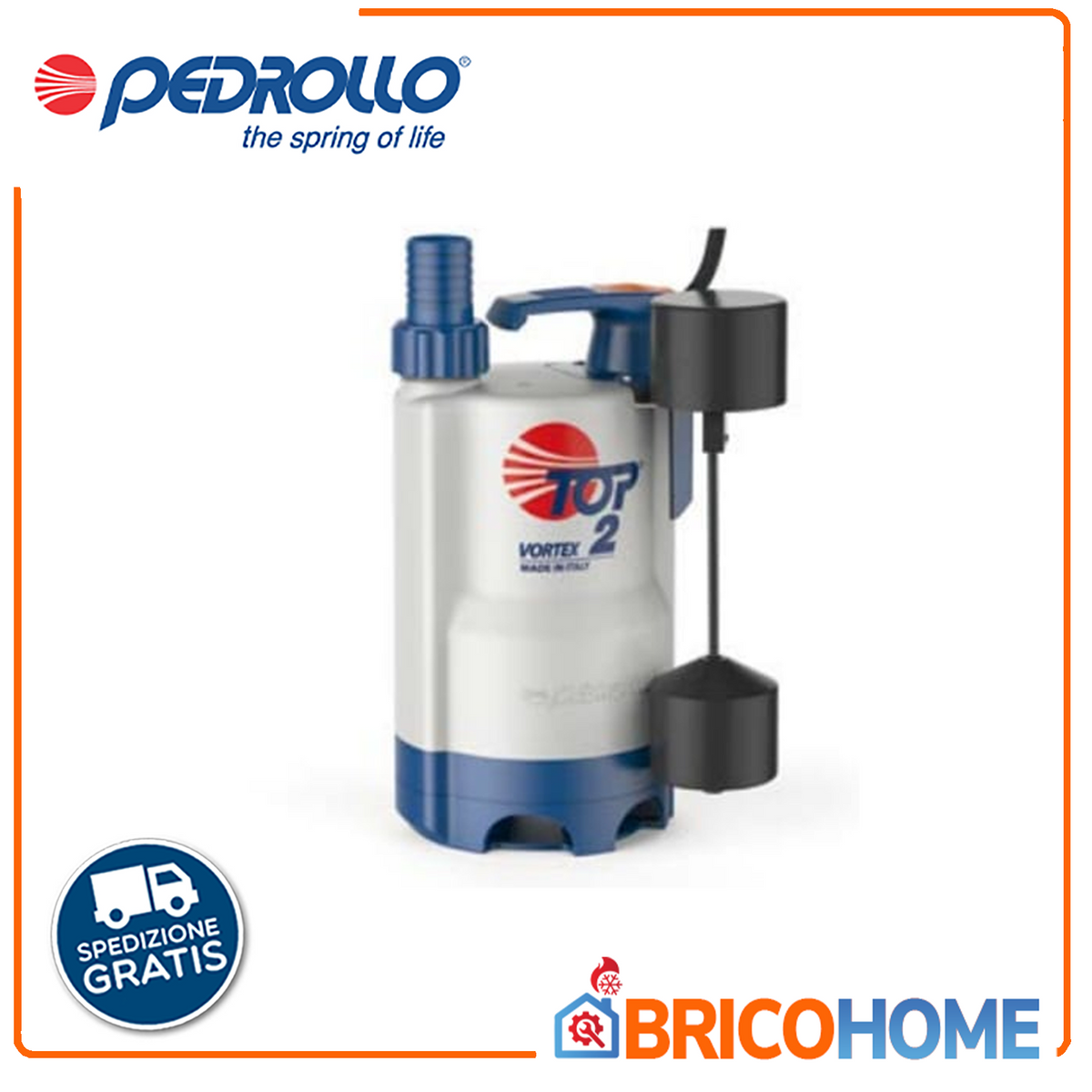 Pedrollo 0.50 HP TOP2 VORTEX / GM Submersible Electric Pump for Draining Waste Water