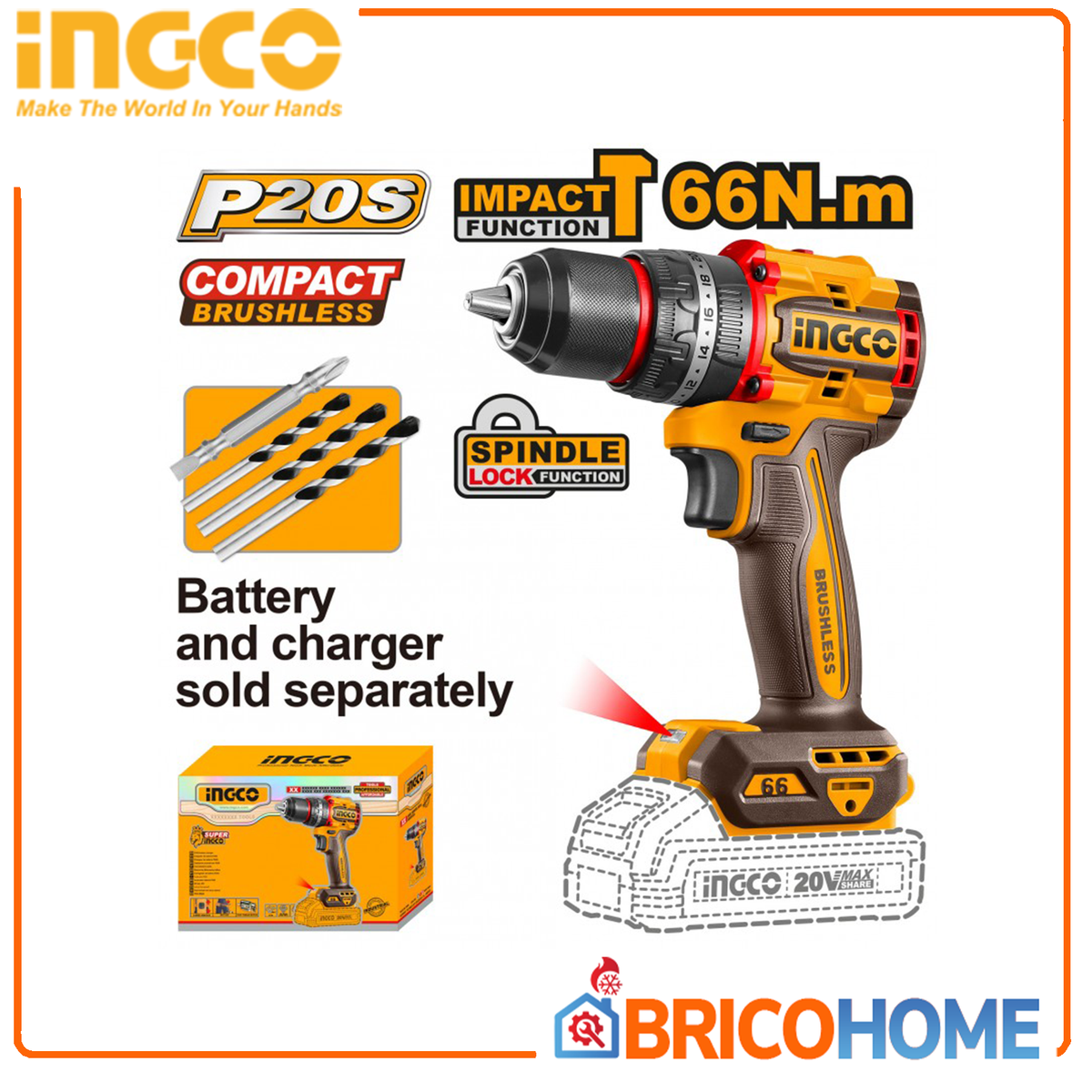 INGCO COMPACT 20V 66Nm BRUSHLESS Impact Drill Driver, bare (body only)