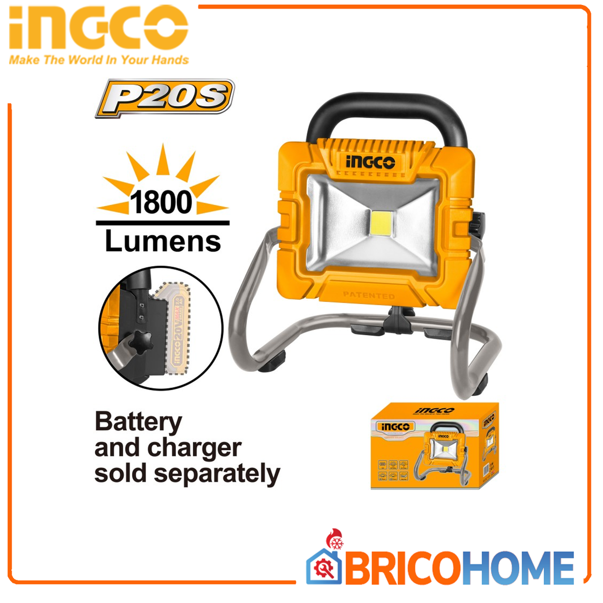 INGCO - Faretto LED 20W 20V CWLI2025 | 1800 Lumen | 2 Livelli | Solo Corpo | Sistema 20V