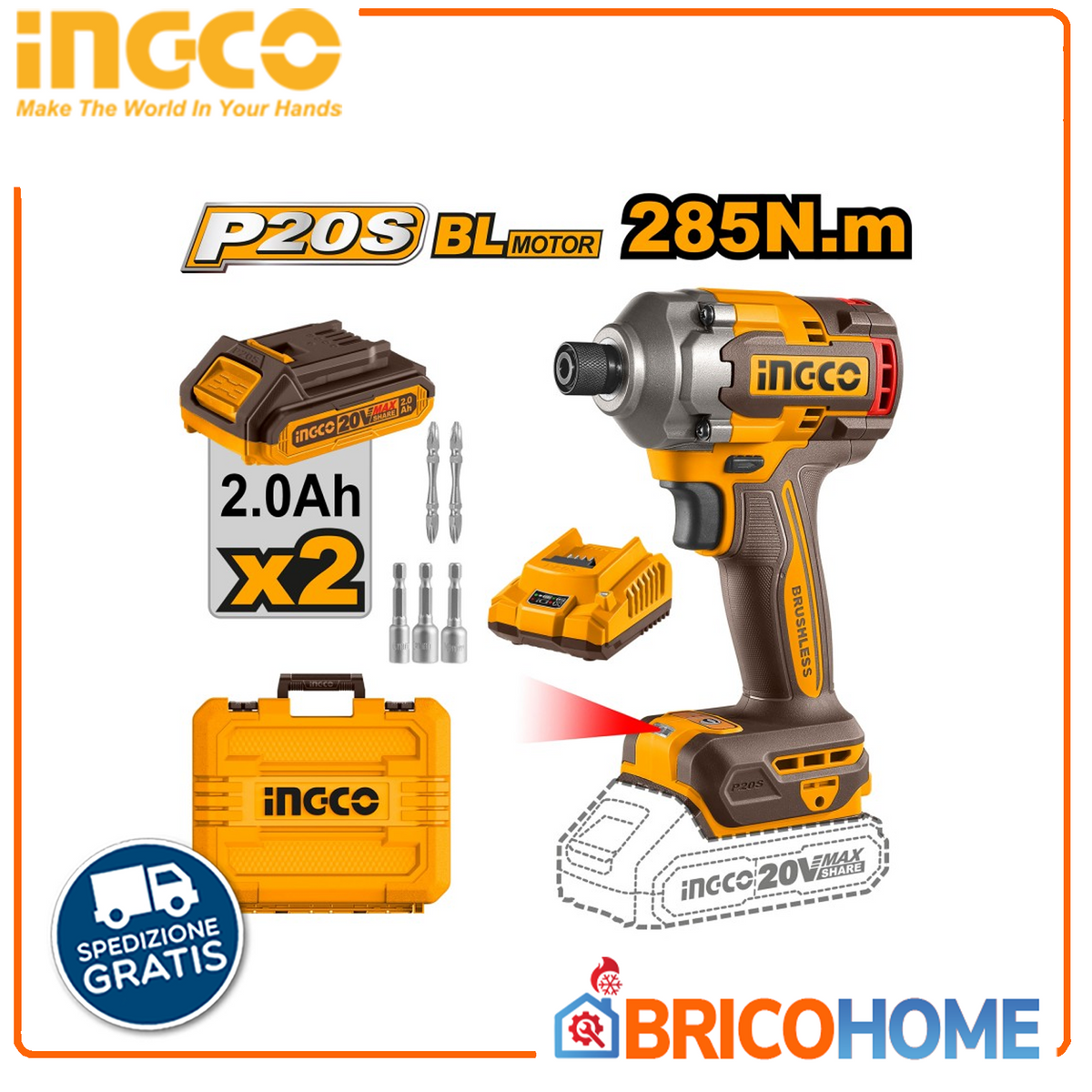 INGCO 285Nm Impact Wrench with 2 x 20V 2Ah Batteries in Case