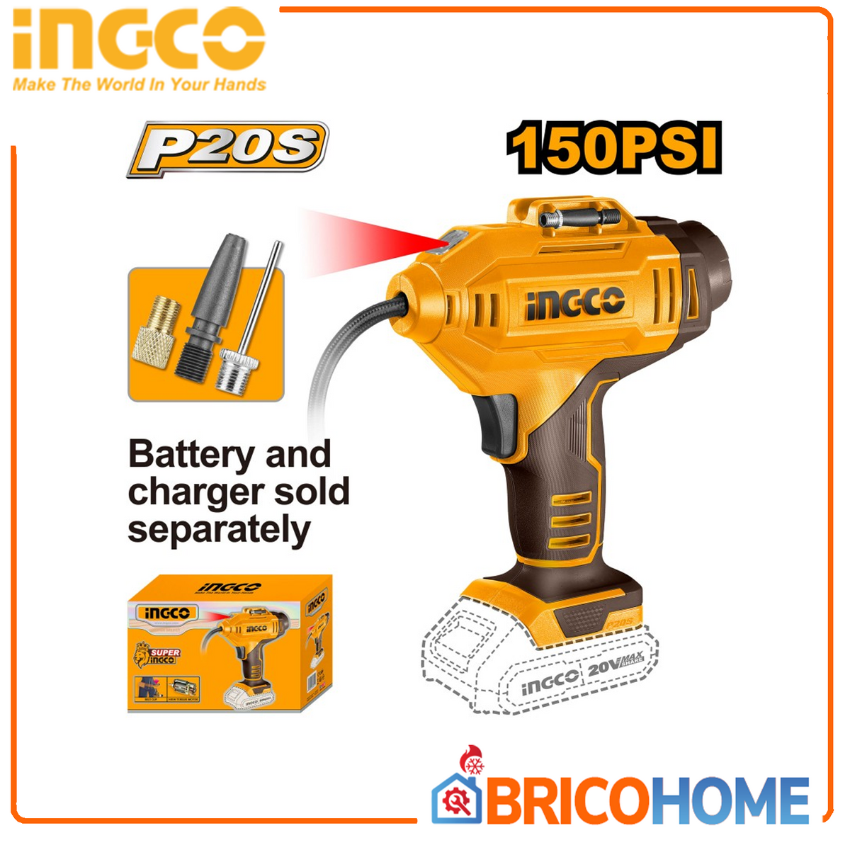 INGCO - Compressore Portatile a Batteria CACLI2018E | 20V | 150 PSI / 10,34 BAR | Luce LED | 3 Adattatori | Solo Corpo