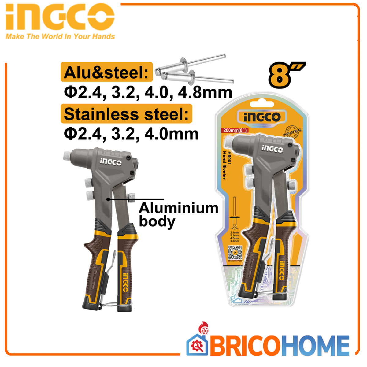 INGCO - Rivettatrice Manuale HR081 | 8" (200mm) | Rivetti Inox Ø2,4-4,0mm | Rivetti Alluminio/Acciaio Ø2,4-4,8mm | Corpo Acciaio+Alluminio