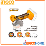 INGCO - Mini Smerigliatrice Angolare a Batteria CAGLI76011 | 20V | 76mm (3") | 19.500 giri/min | P20S | Solo Corpo