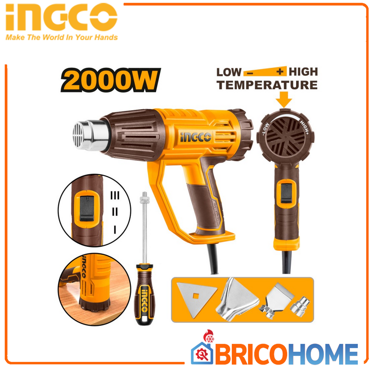 INGCO - Termosoffiatore Professionale HG200047 | 2000W | 3 Velocità | 50-570°C | 4 Ugelli + Raschietto | Pistola Termica