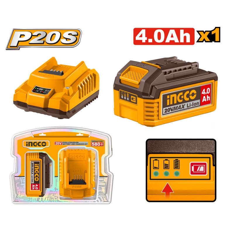 INGCO - Kit Batteria + Caricabatterie FBCPK1012E | 20V 4Ah Li-Ion | Sistema P20S | FBLI2002 + FCLI2001E