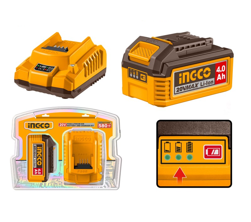 INGCO - Kit Batteria + Caricabatterie FBCPK1012E | 20V 4Ah Li-Ion | Sistema P20S | FBLI2002 + FCLI2001E