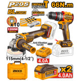 INGCO - Kit Smerigliatrice + Trapano Brushless CKLI20256E | 20V P20S | 66Nm | 1200W | 2x4Ah | Valigetta