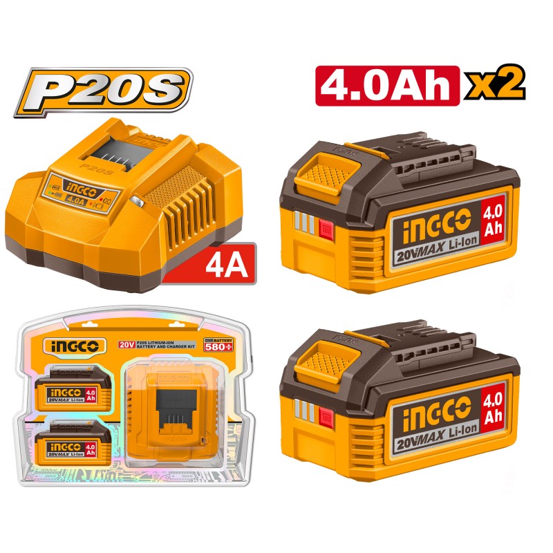 INGCO - Kit Starter 2 Batterie Li-Ion 4Ah + Caricabatteria Rapido FBCPK2013E | 20V P20S | FBLI2002 + FCLI20411E