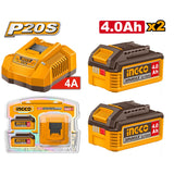 INGCO - Kit Starter 2 Batterie Li-Ion 4Ah + Caricabatteria Rapido FBCPK2013E | 20V P20S | FBLI2002 + FCLI20411E