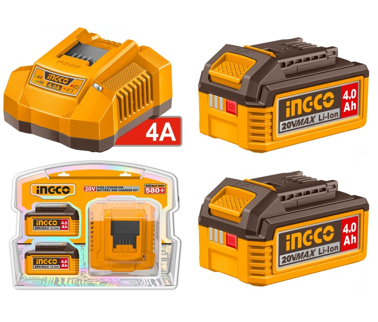 INGCO - Kit Starter 2 Batterie Li-Ion 4Ah + Caricabatteria Rapido FBCPK2013E | 20V P20S | FBLI2002 + FCLI20411E