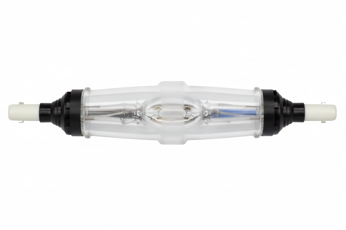 Lampada HID scarica tubo quarzo cappucci ceramica neri sfondo bianco professionale