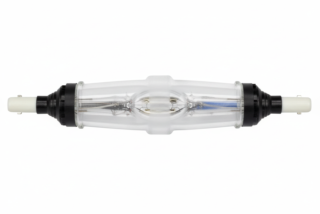 Lampada HID scarica tubo quarzo cappucci ceramica neri sfondo bianco professionale