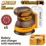 INGCO 20V Battery-Powered Random Orbital Sander, Body Only, Ø125 mm Brushless 