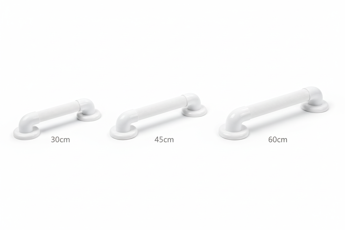 Maniglione sicurezza bagno bianco confronto 30cm 45cm 60cm sfondo bianco