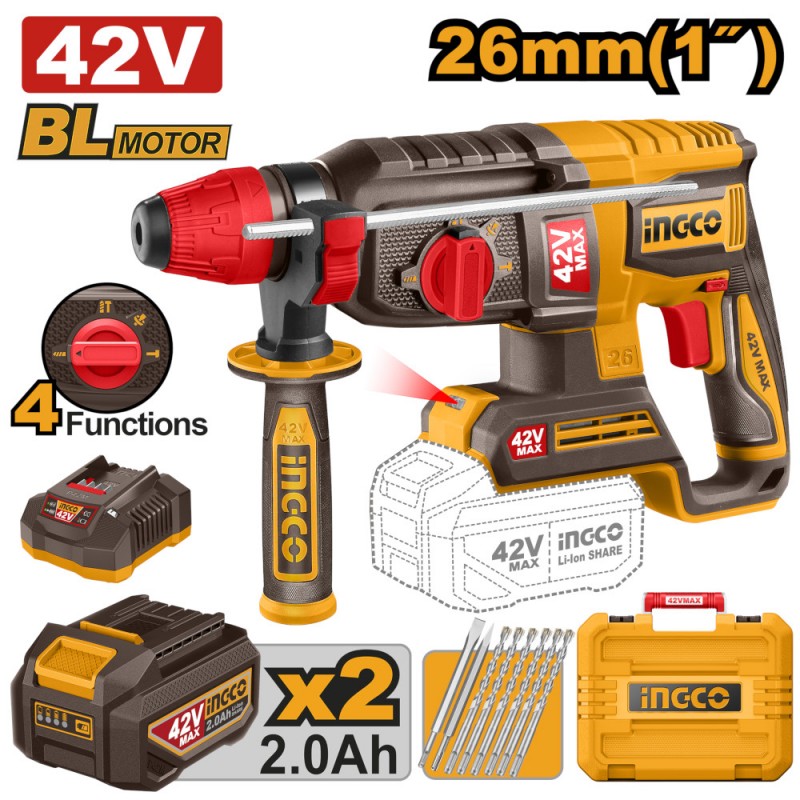 INGCO - Martello Demolitore Brushless CRHLI422682E | 42V | 26mm SDS+ | 4 Funzioni | 2,5J | Kit 2 Batterie 2Ah + Valigetta