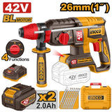 INGCO - Martello Demolitore Brushless CRHLI422682E | 42V | 26mm SDS+ | 4 Funzioni | 2,5J | Kit 2 Batterie 2Ah + Valigetta