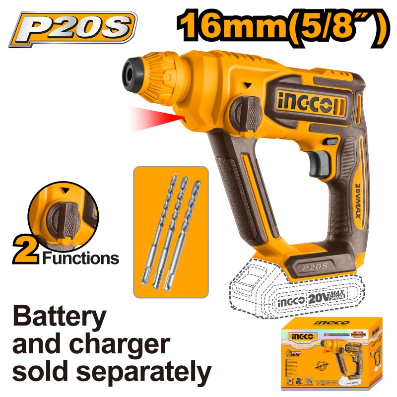 INGCO - Marteau Démolisseur Sans Fil 16mm CRHLI20168 | 20V P20S | SDS Plus | 1,5J | Corps Nu