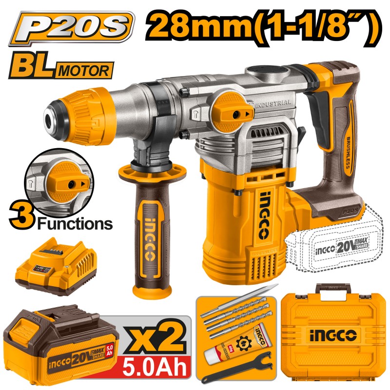INGCO – Martello Demolitore Brushless 20V | 28mm | 4,5J | Kit 2 Batterie 5Ah