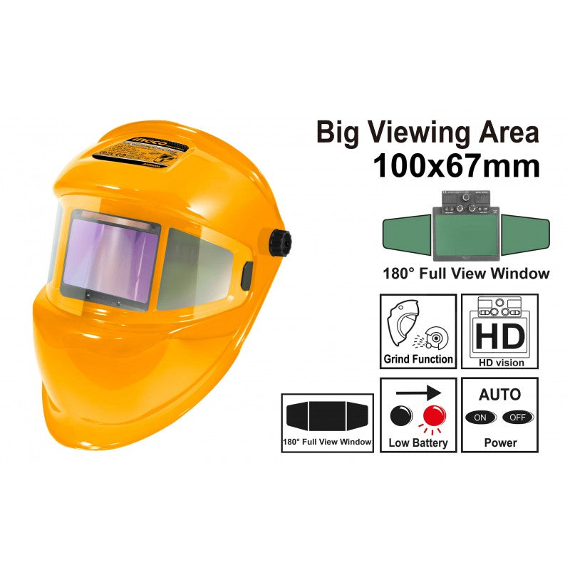 INGCO - Casque masque de soudage à assombrissement automatique AHM006 | Classe 1/1/1/1 | DIN 5-9/9-13 | 4 capteurs | 100x67mm | Mode meulage | Solaire+CR2032