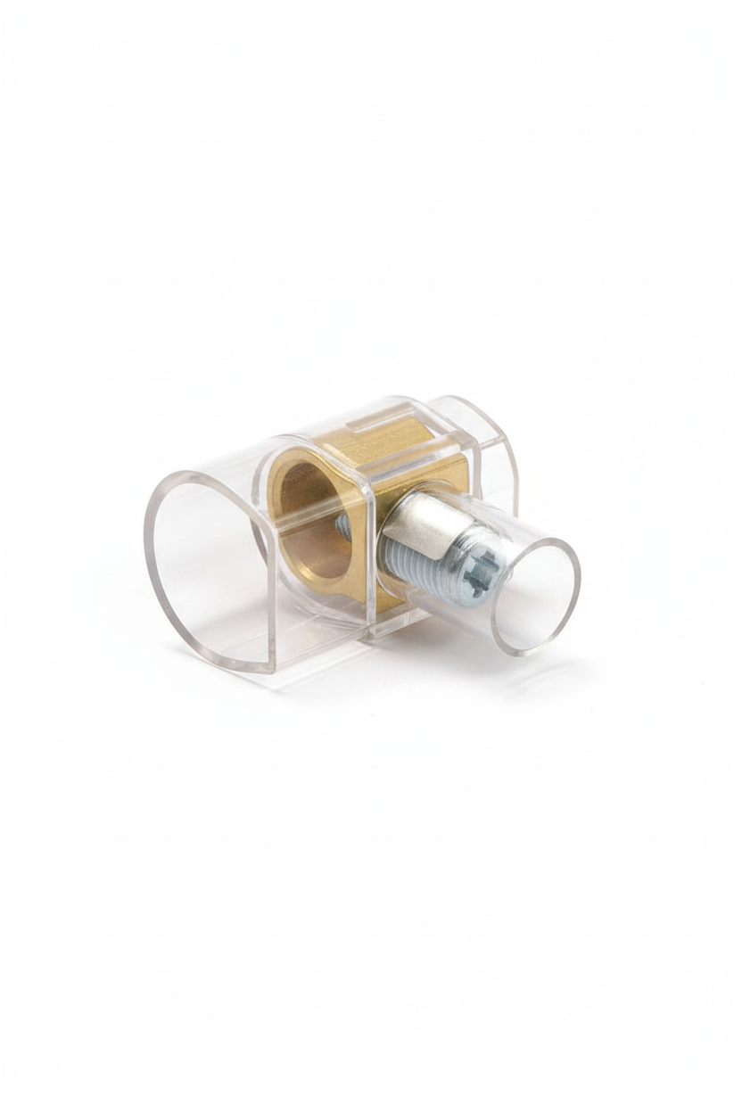 Morsetto elettrico trasparente singolo sfondo bianco professionale