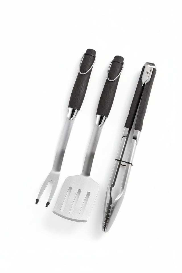 OMPAGRILL set 3 utensili BBQ forchetta spatola pinze sfondo bianco senza packaging