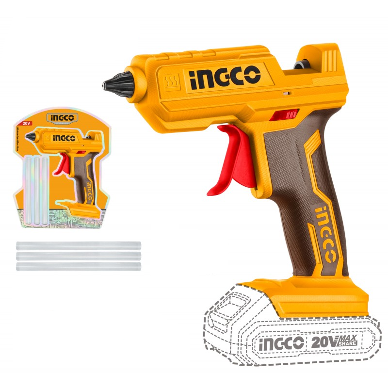INGCO - Pistola Termocollante Cordless CGGLI2001 | 20V Litio P20S | Solo Corpo | Riscaldamento Rapido