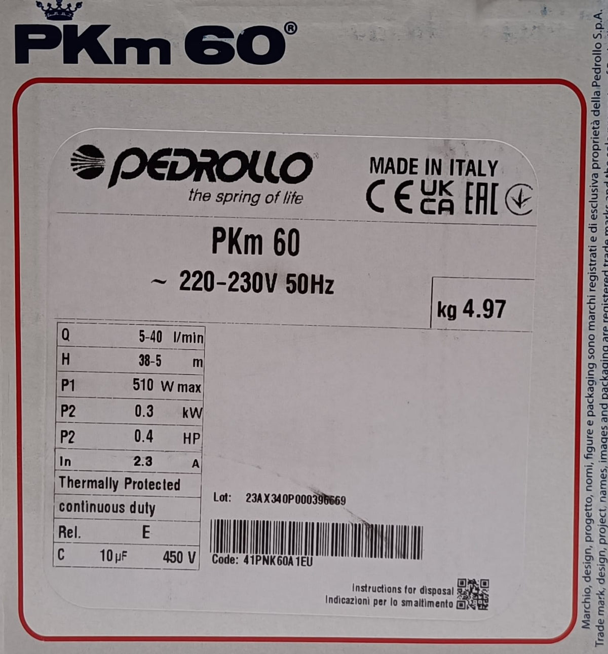 Kit Pedrollo Pompe électrique PKm 60 HP 0,40 + Presflo Vario Régulateur électrique [BUNDLE]