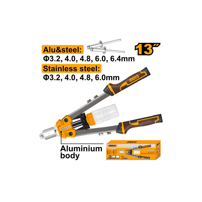 INGCO - Rivettatrice Manuale HR131 | 34cm | Acciaio+Alluminio | Rivetti 3,2-6,4mm | Inox/Al/Fe