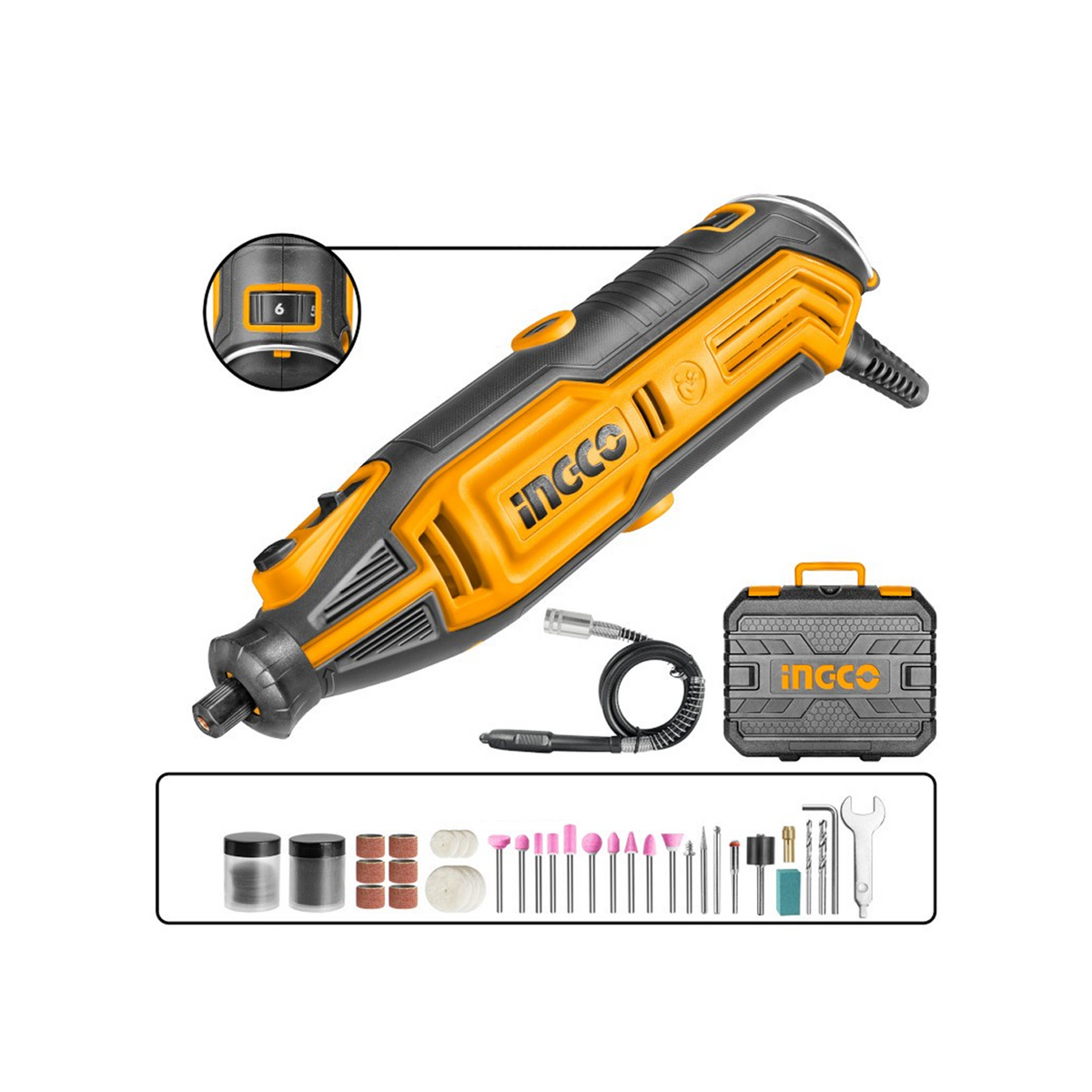 INGCO - Mini Smerigliatrice a Stelo MG13328E | 130W | 10000-35000 giri/min | Albero Flessibile | 109 Accessori | Valigetta BMC