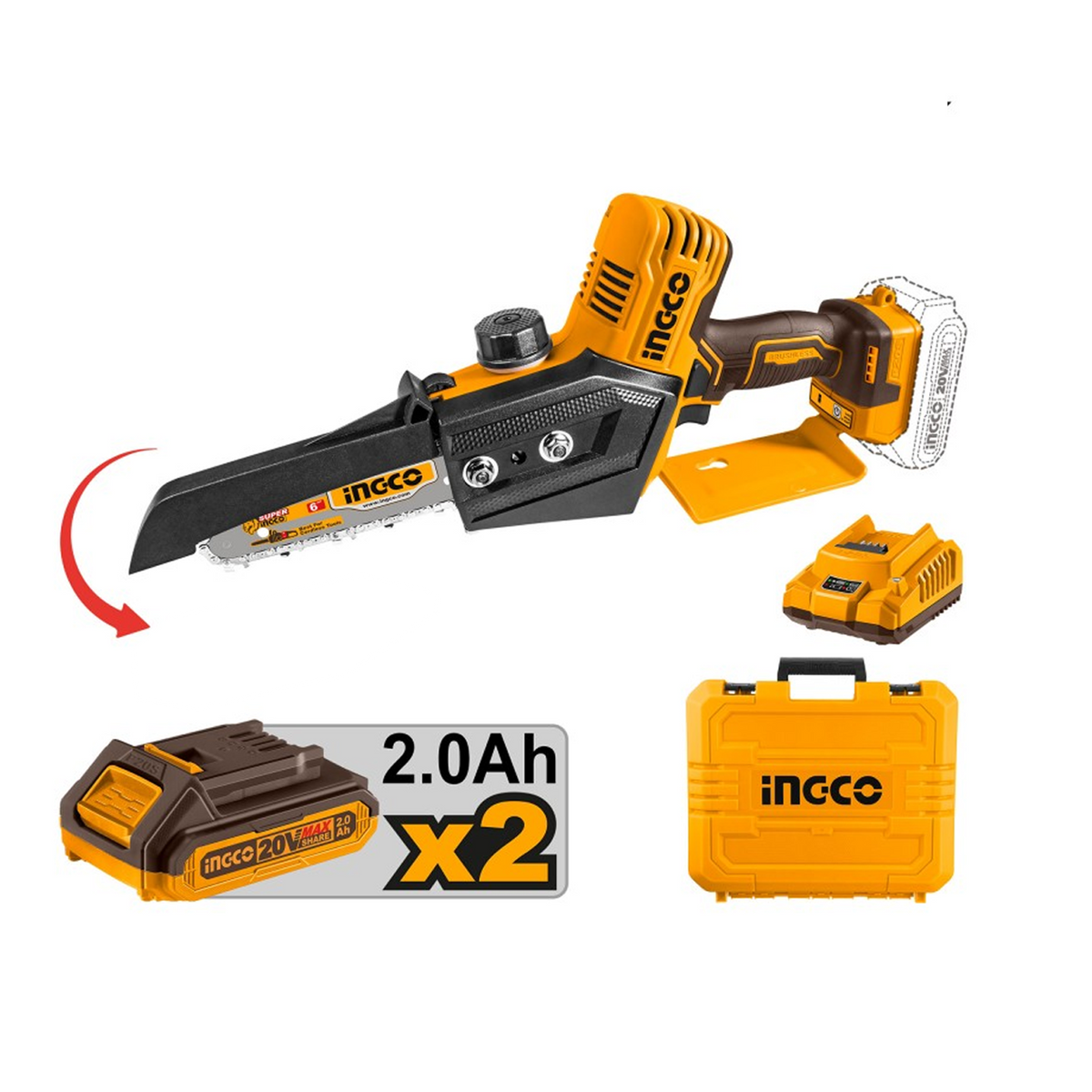 INGCO - Mini Elettrosega 20V CGSLI20686 | 6'' 15cm | Brushless | 2 Batterie 2Ah | Caricabatterie | Valigetta