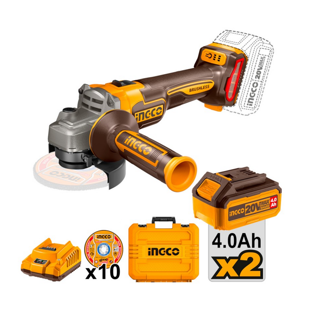 INGCO - Smerigliatrice Angolare Brushless 115mm 20V CAGLI211542 | 2 Batterie 4Ah | 10 Dischi | Valigetta