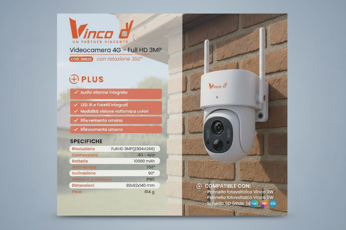Scheda presentazione Vinco 4G PTZ Full HD 3MP COD.30020 orizzontale