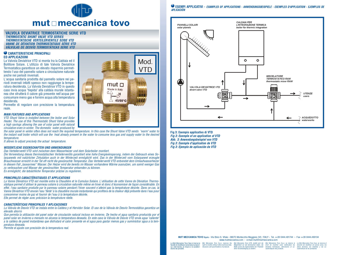 MUT - Vanne Déviatrice Thermostatique VTD25E | 3 Voies | Solaire Thermique | 45-55°C | Filetage G1