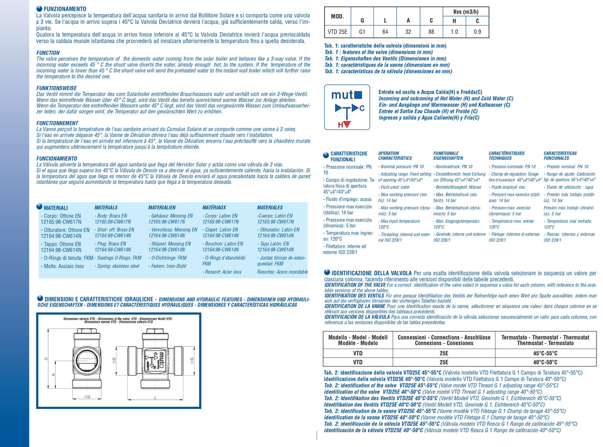 MUT - Vanne Déviatrice Thermostatique VTD25E | 3 Voies | Solaire Thermique | 45-55°C | Filetage G1