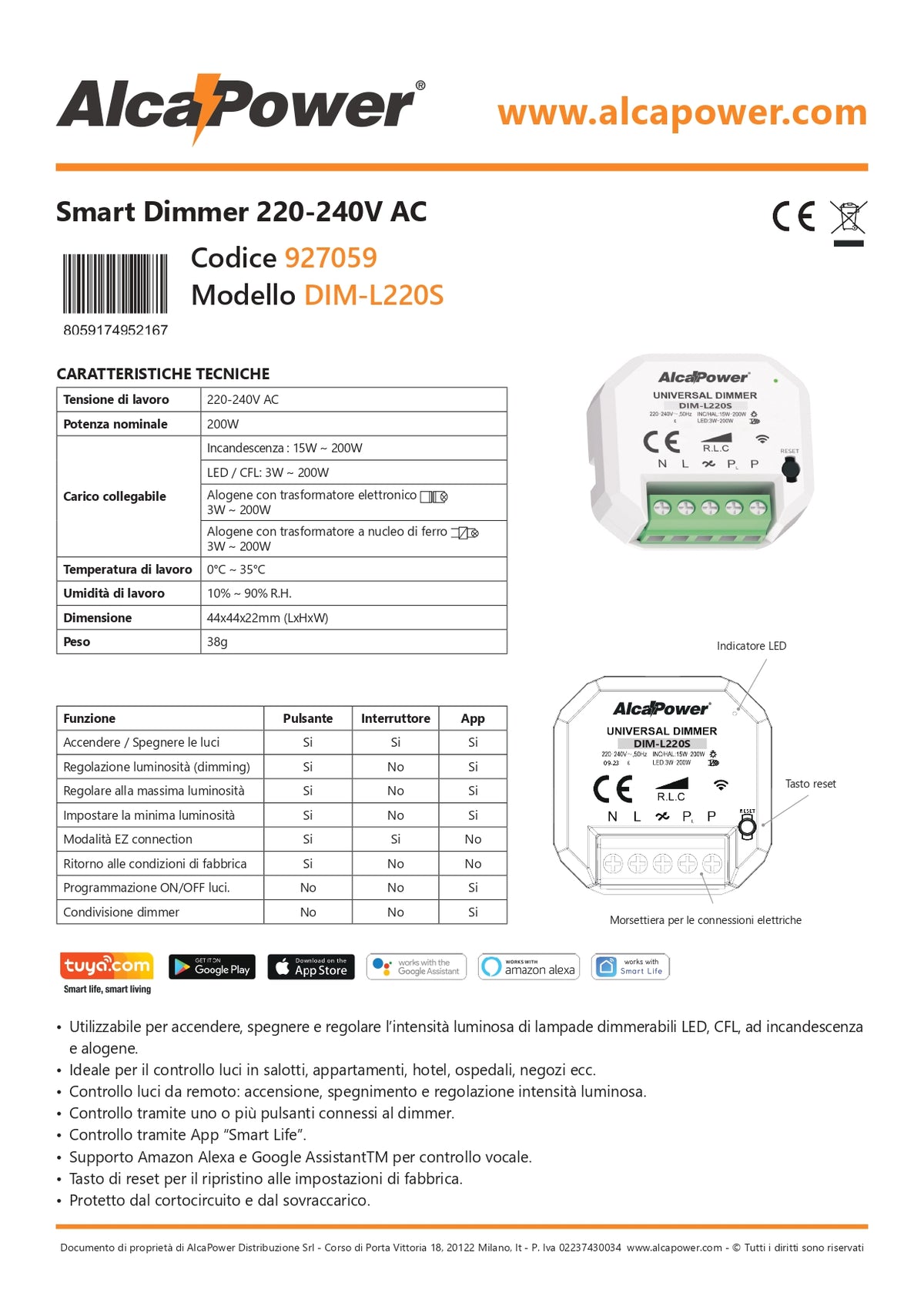 Dimmer Smart Wi-Fi da pulsante 220-240V AC 200W - Alcapower