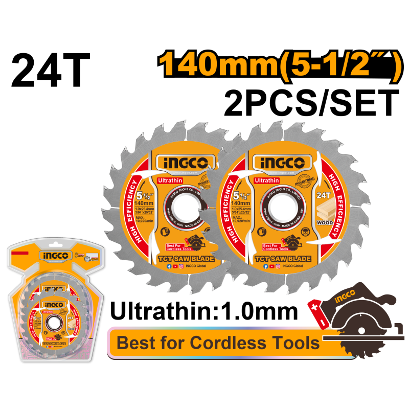 INGCO - Set 2 Lame TCT TSB1403 | 140mm 24 Denti | Spessore 1,0mm Ultrasottile | Foro 20mm + Riduzione 16mm | Per Sega Circolare CSLI1402 | Legno