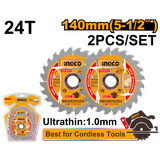 INGCO - Set 2 Lame TCT TSB1403 | 140mm 24 Denti | Spessore 1,0mm Ultrasottile | Foro 20mm + Riduzione 16mm | Per Sega Circolare CSLI1402 | Legno