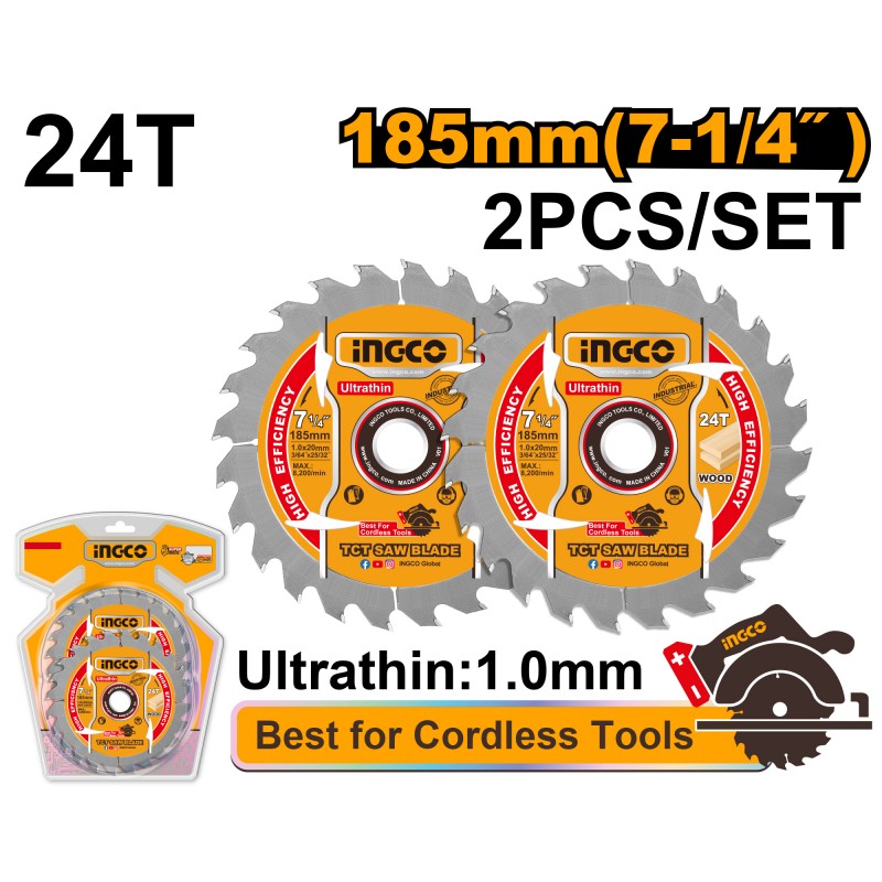 INGCO - Set 2 Lame TCT Ultrasottili TSB1853 | 185mm | 24 Denti | Spessore 1,0mm | Per Legno | Blister