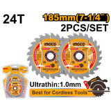 INGCO - Set 2 Lame TCT Ultrasottili TSB1853 | 185mm | 24 Denti | Spessore 1,0mm | Per Legno | Blister