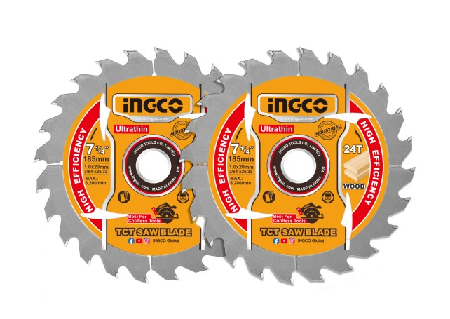 INGCO - Set 2 Lame TCT Ultrasottili TSB1853 | 185mm | 24 Denti | Spessore 1,0mm | Per Legno | Blister