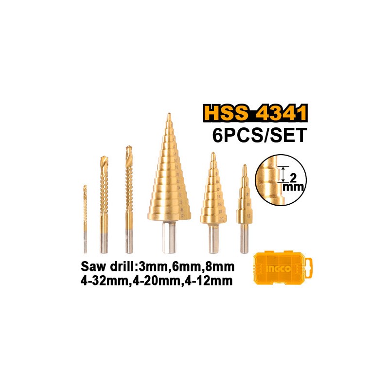 INGCO - Set 6 Punte Trapano a Gradino HSS 4341 | 4-12 / 4-20 / 4-32mm + Seghettate 3-6-8mm | Cofanetto PVC